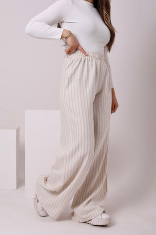 يشتري beige-striped Linen Blend Pants 3806